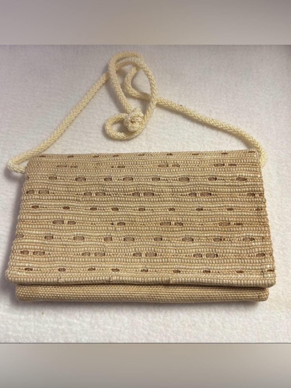 Natural Woven Fiber Clutch Crossbody Convertible Bag Gold Thread Satin Lining